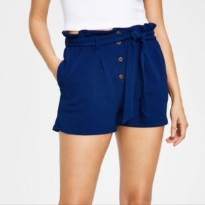 Bar III Navy Textured Pocketed Button Up Tie Belt Elastic High Waist Shorts Sz S
